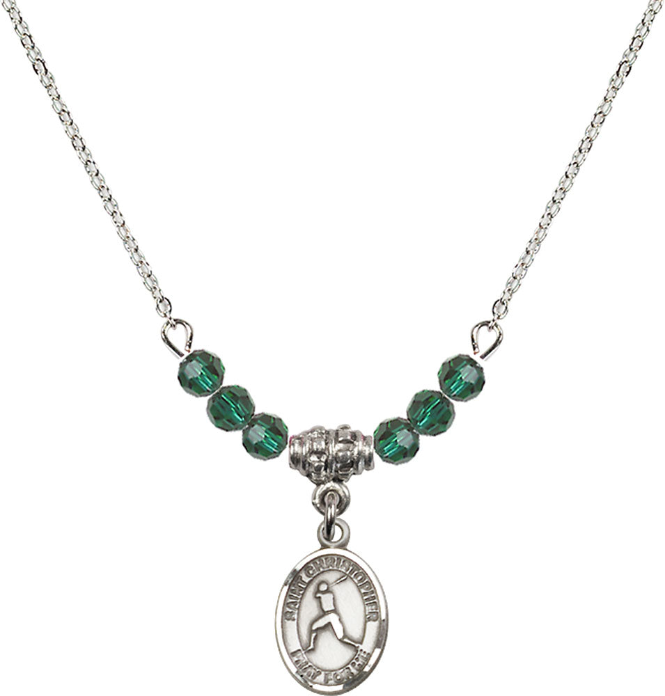 Sterling Silver Saint Christopher/Baseball Birthstone Necklace with Emerald Beads - 9150