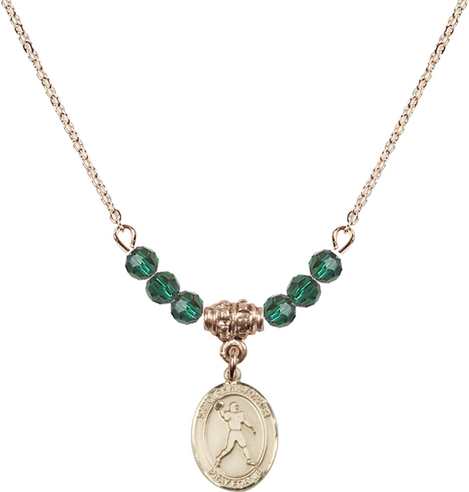 14kt Gold Filled Saint Christopher/Football Birthstone Necklace with Emerald Beads - 9151