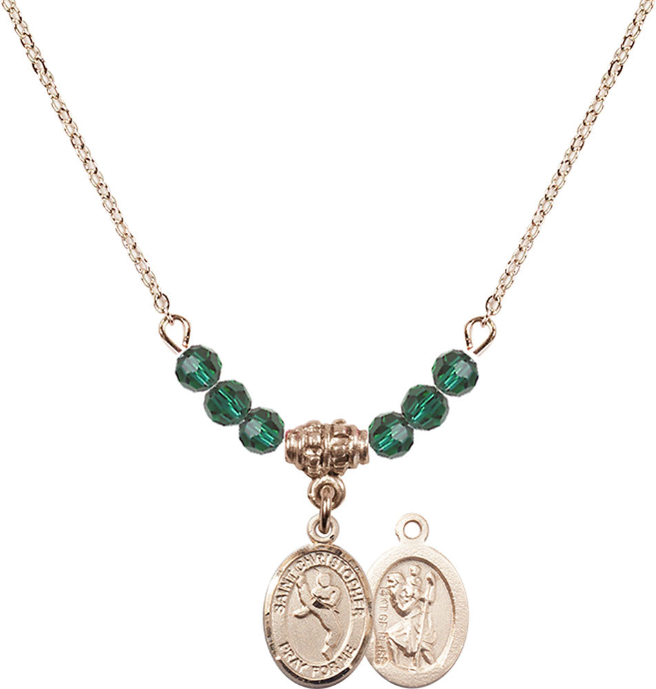 14kt Gold Filled Saint Christopher/Martial Arts Birthstone Necklace with Emerald Beads - 9158