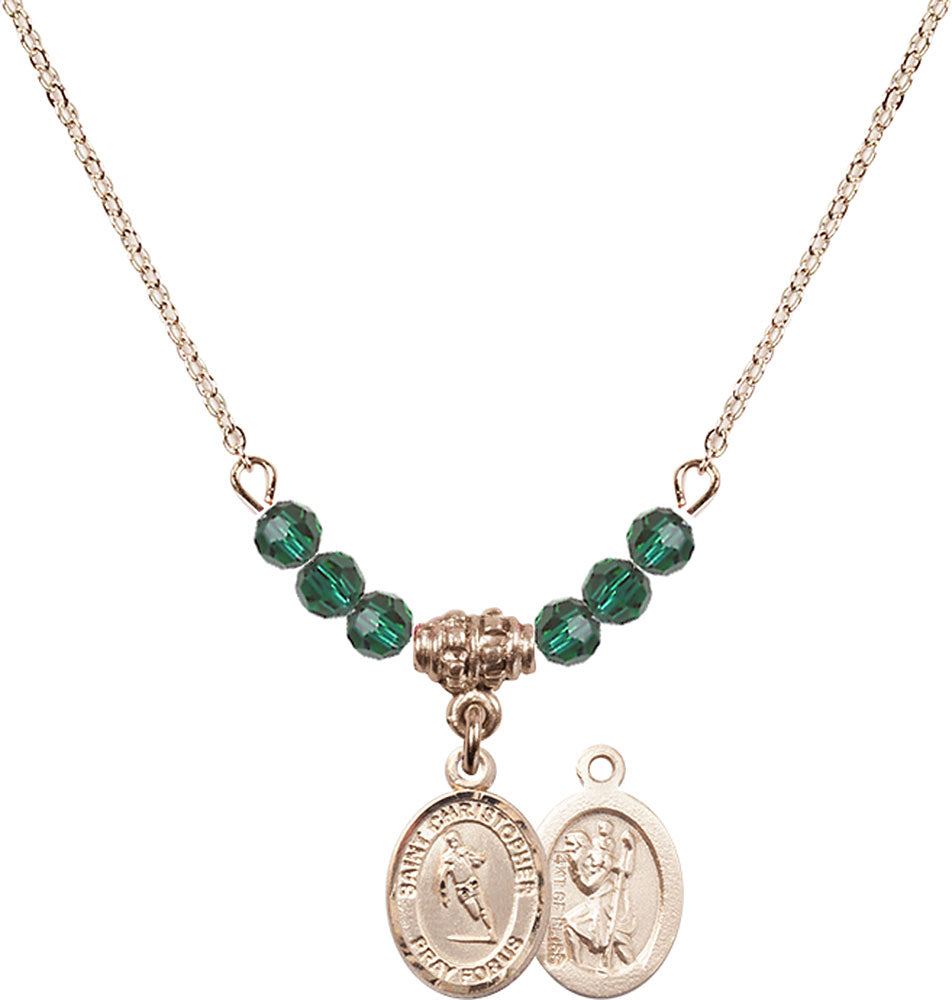14kt Gold Filled Saint Christopher / Rugby Birthstone Necklace with Emerald Beads - 9194