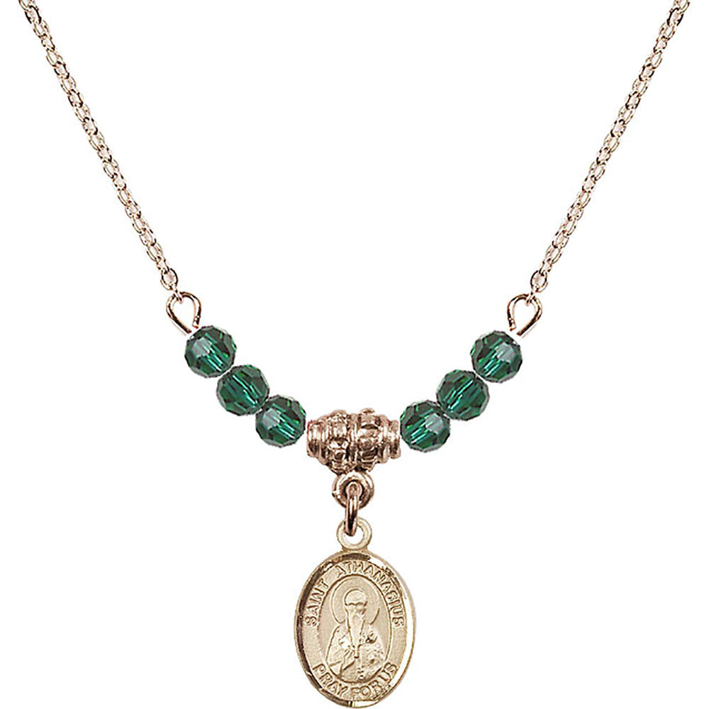 14kt Gold Filled Saint Athanasius Birthstone Necklace with Emerald Beads - 9296