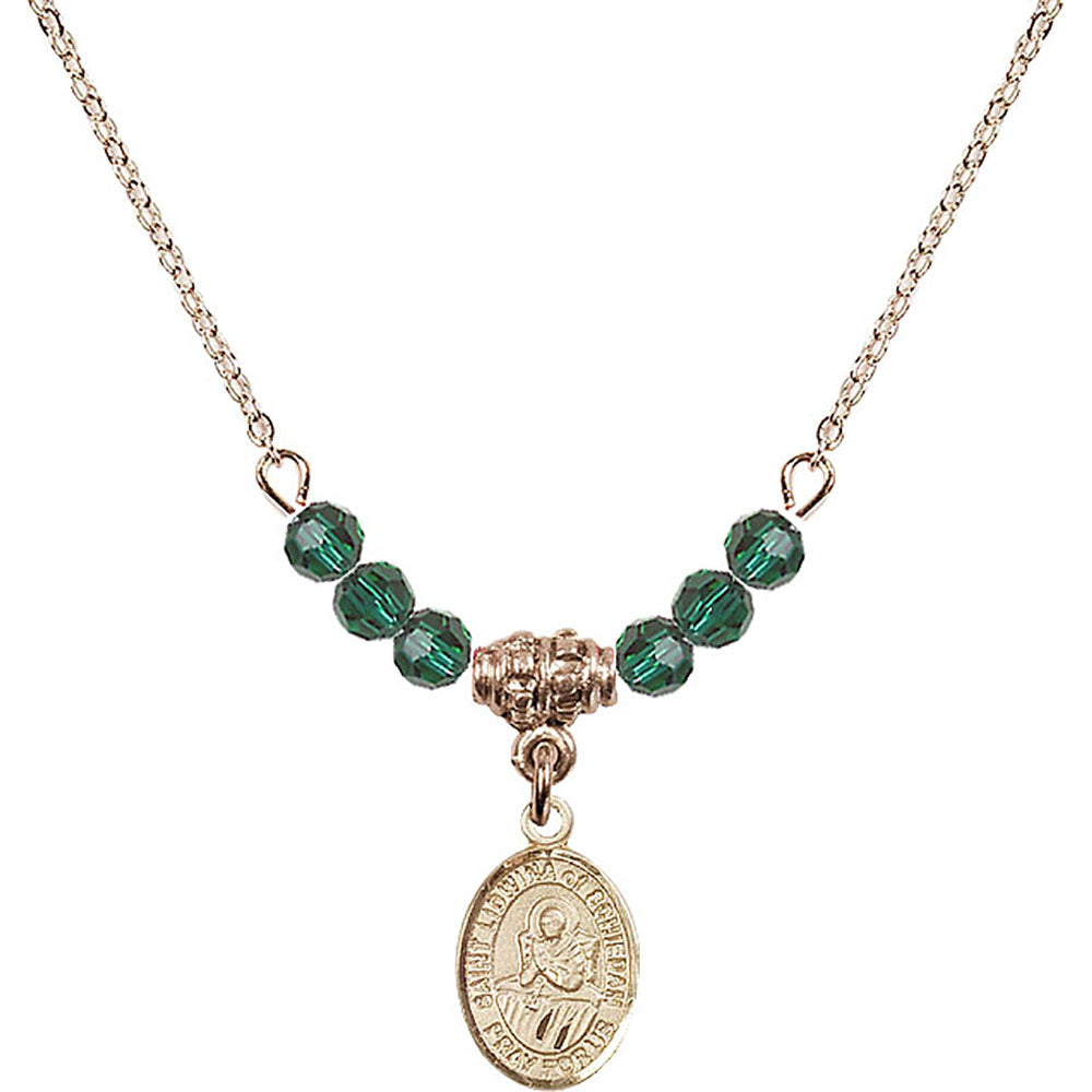 14kt Gold Filled Saint Lidwina of Schiedam Birthstone Necklace with Emerald Beads - 9297