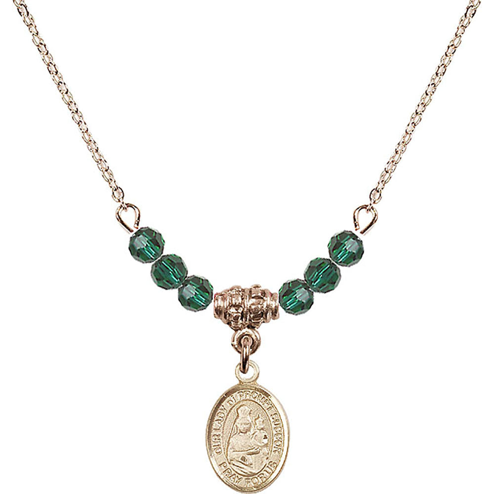 14kt Gold Filled Our Lady of Prompt Succor Birthstone Necklace with Emerald Beads - 9299
