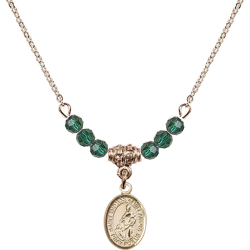14kt Gold Filled Saint Thomas of Villanova Birthstone Necklace with Emerald Beads - 9304