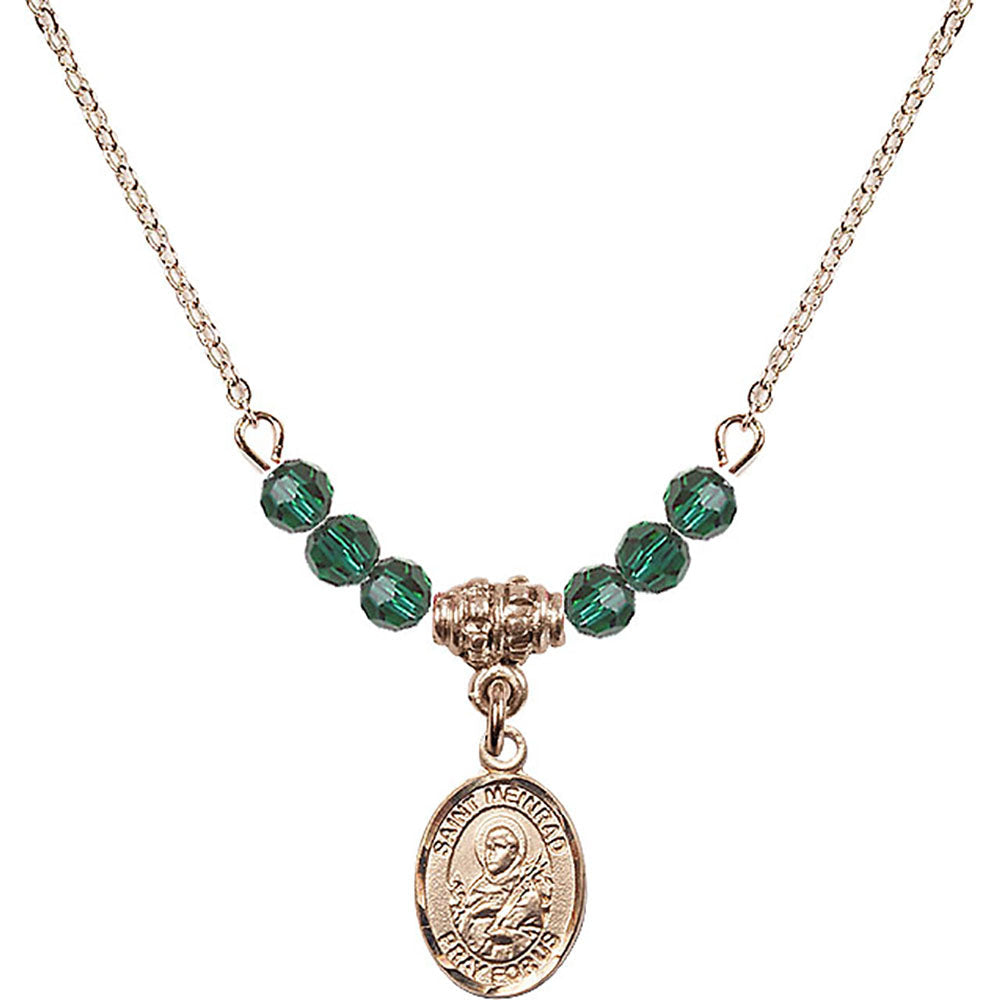14kt Gold Filled Saint Meinrad of Einsiedeln Birthstone Necklace with Emerald Beads - 9307