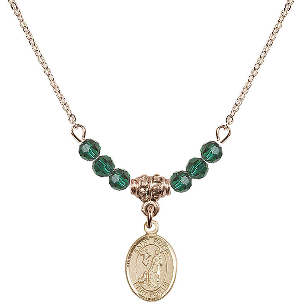 14kt Gold Filled Saint Roch Birthstone Necklace with Emerald Beads - 9310