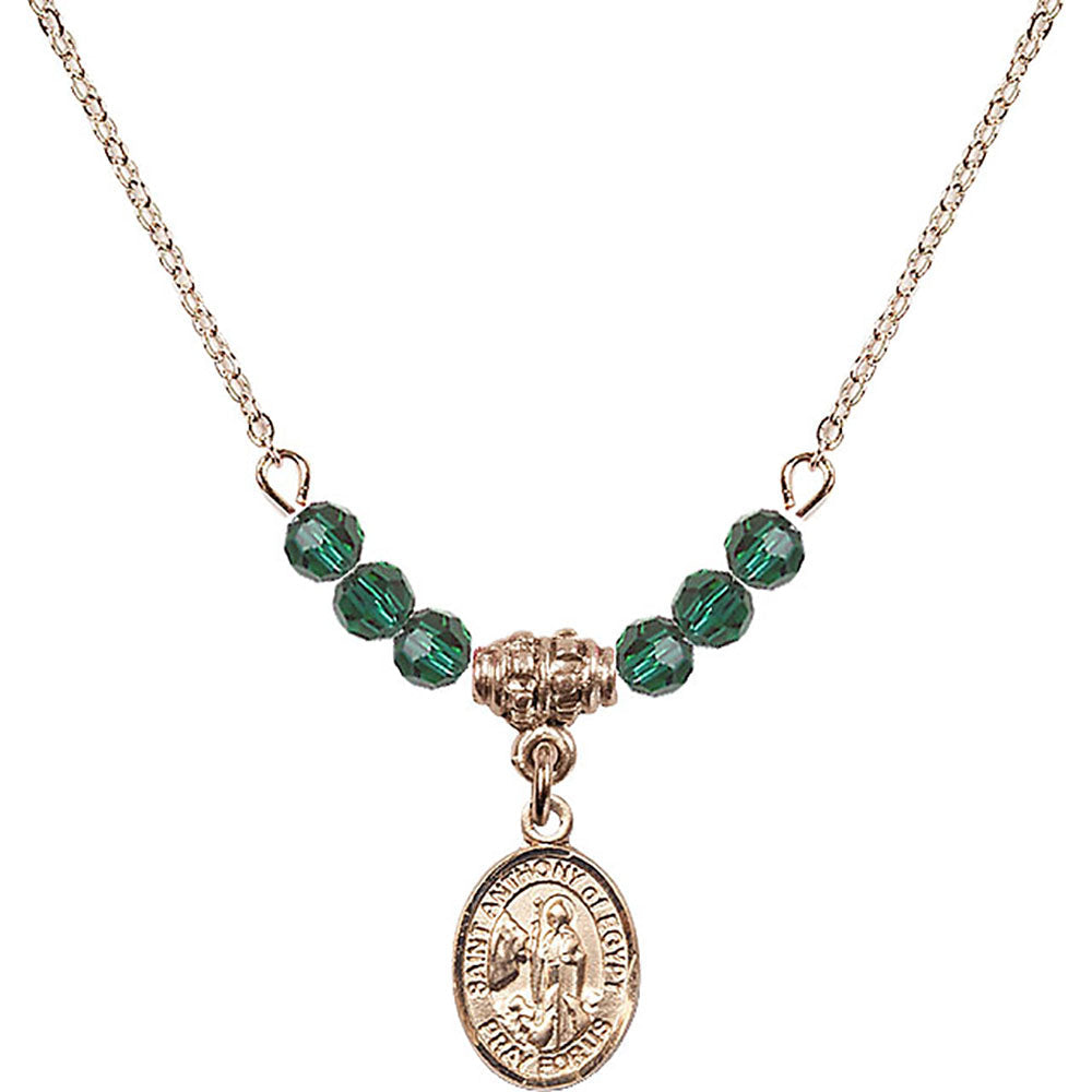 14kt Gold Filled Saint Anthony of Egypt Birthstone Necklace with Emerald Beads - 9317