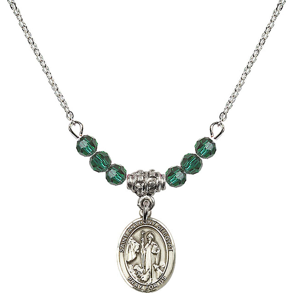 Sterling Silver Saint Anthony of Egypt Birthstone Necklace with Emerald Beads - 9317