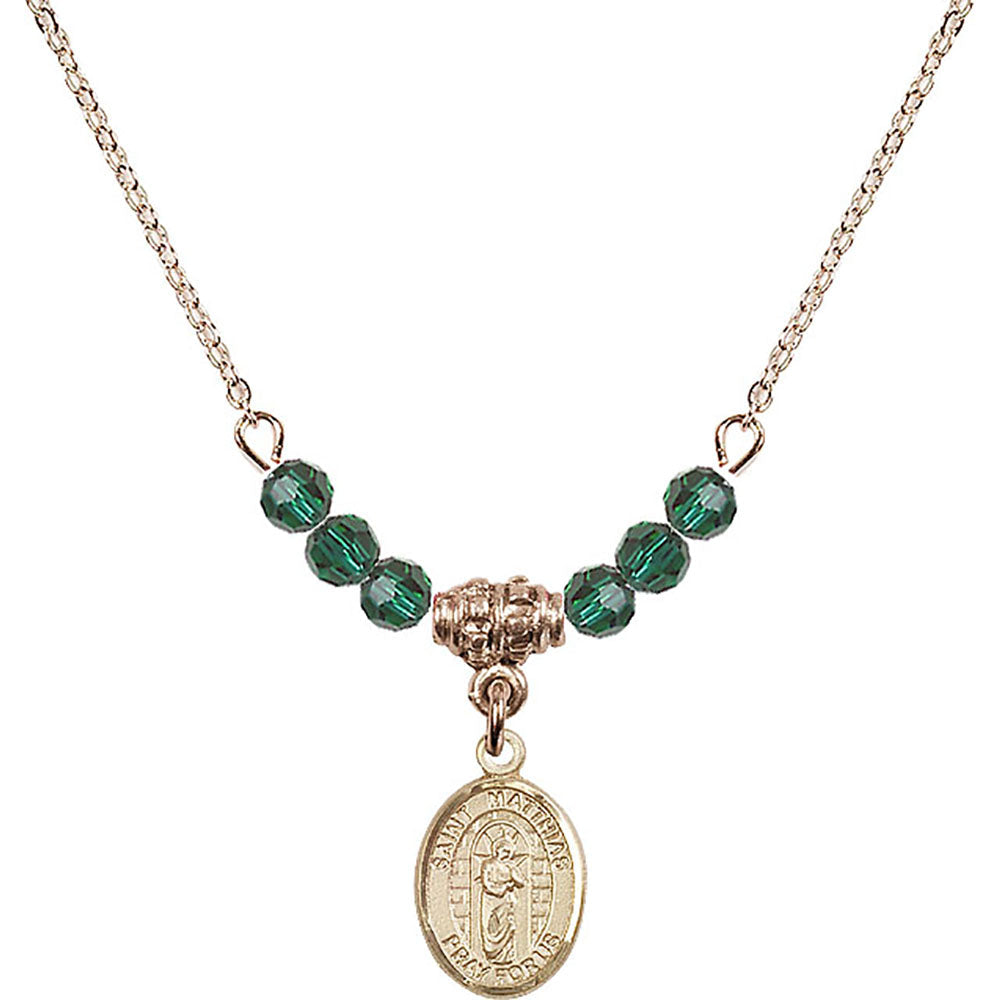 14kt Gold Filled Saint Matthias the Apostle Birthstone Necklace with Emerald Beads - 9331