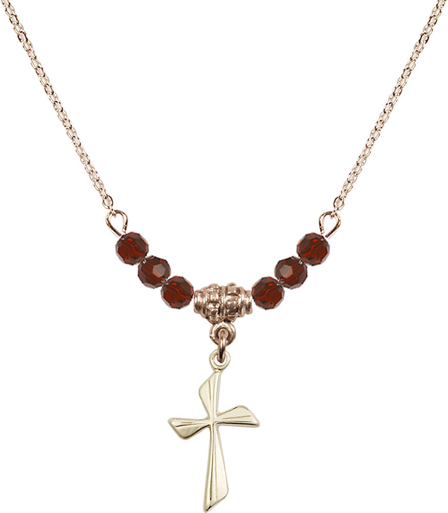 14kt Gold Filled Cross Birthstone Necklace with Garnet Beads - 0016