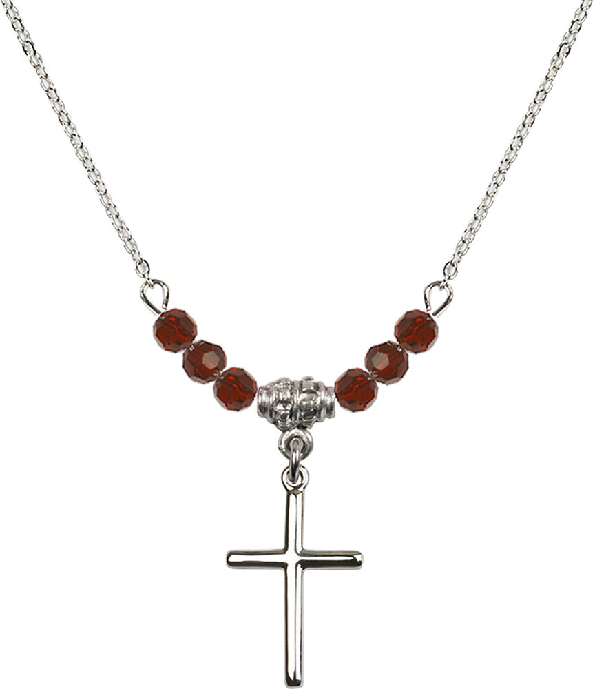 Sterling Silver Cross Birthstone Necklace with Garnet Beads - 0017