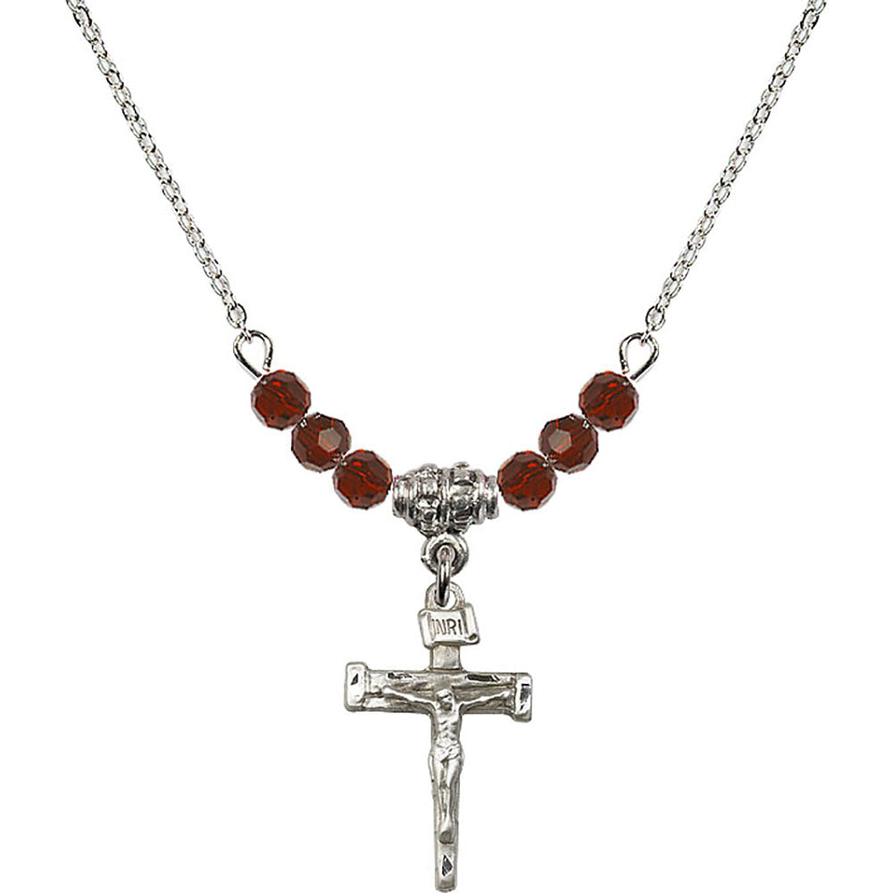 Sterling Silver Nail Crucifix Birthstone Necklace with Garnet Beads - 0072