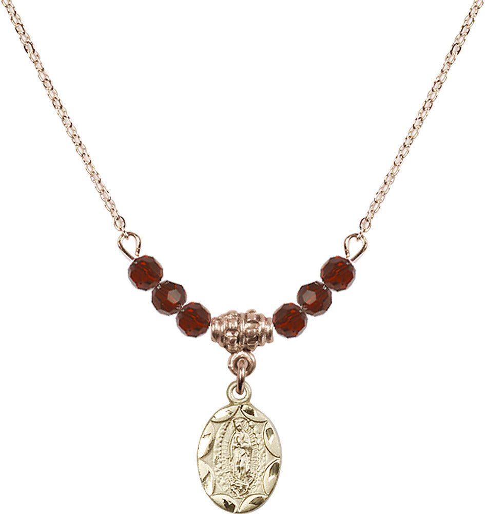 14kt Gold Filled Our Lady of Guadalupe Birthstone Necklace with Garnet Beads - 0301
