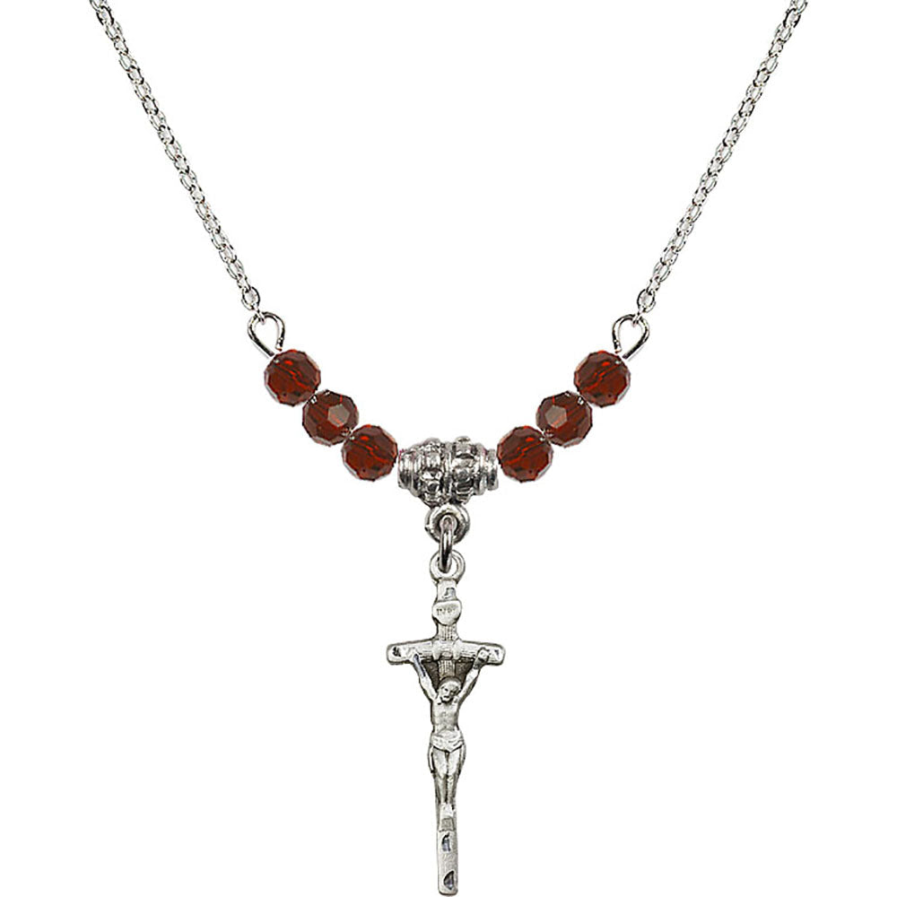 Sterling Silver Papal Crucifix Birthstone Necklace with Garnet Beads - 0563