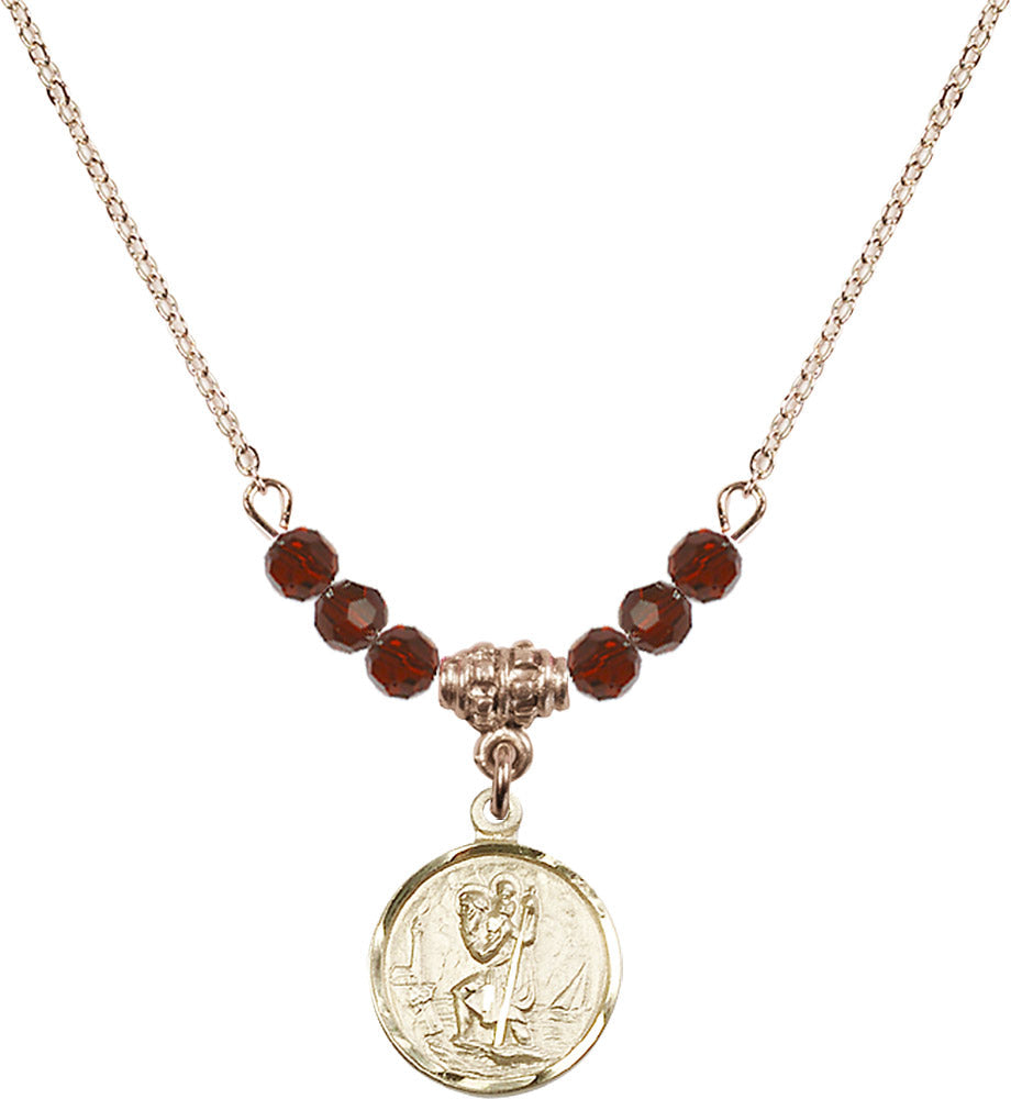 14kt Gold Filled Saint Christopher Birthstone Necklace with Garnet Beads - 0601