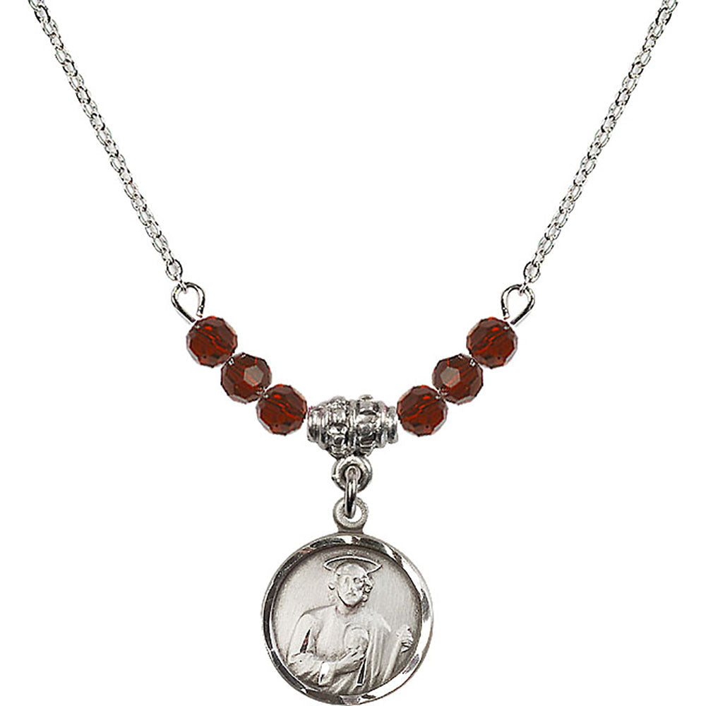 Sterling Silver Saint Jude Birthstone Necklace with Garnet Beads - 0601