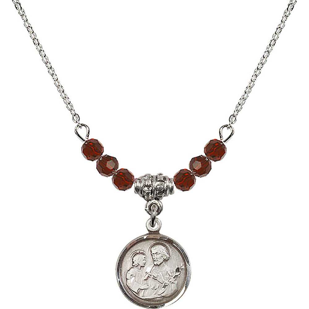 Sterling Silver Saint Joseph Birthstone Necklace with Garnet Beads - 0601