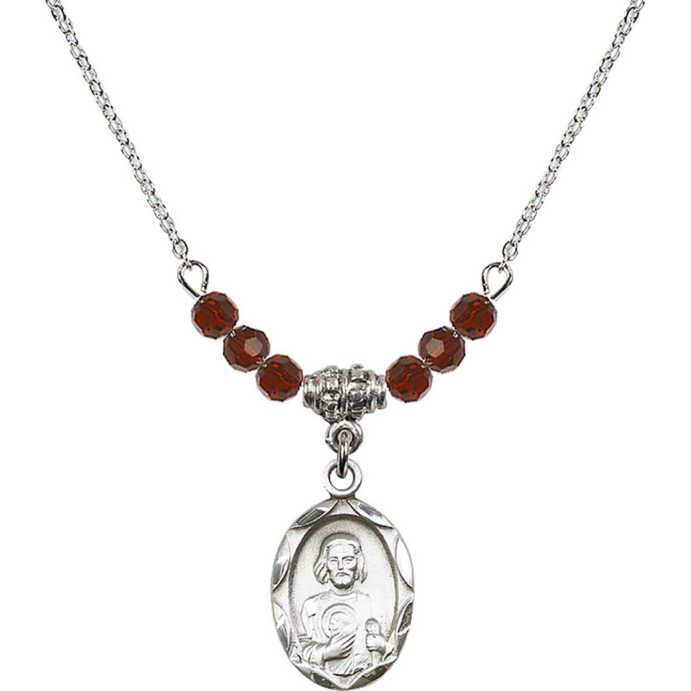 Sterling Silver Saint Jude Birthstone Necklace with Garnet Beads - 0612