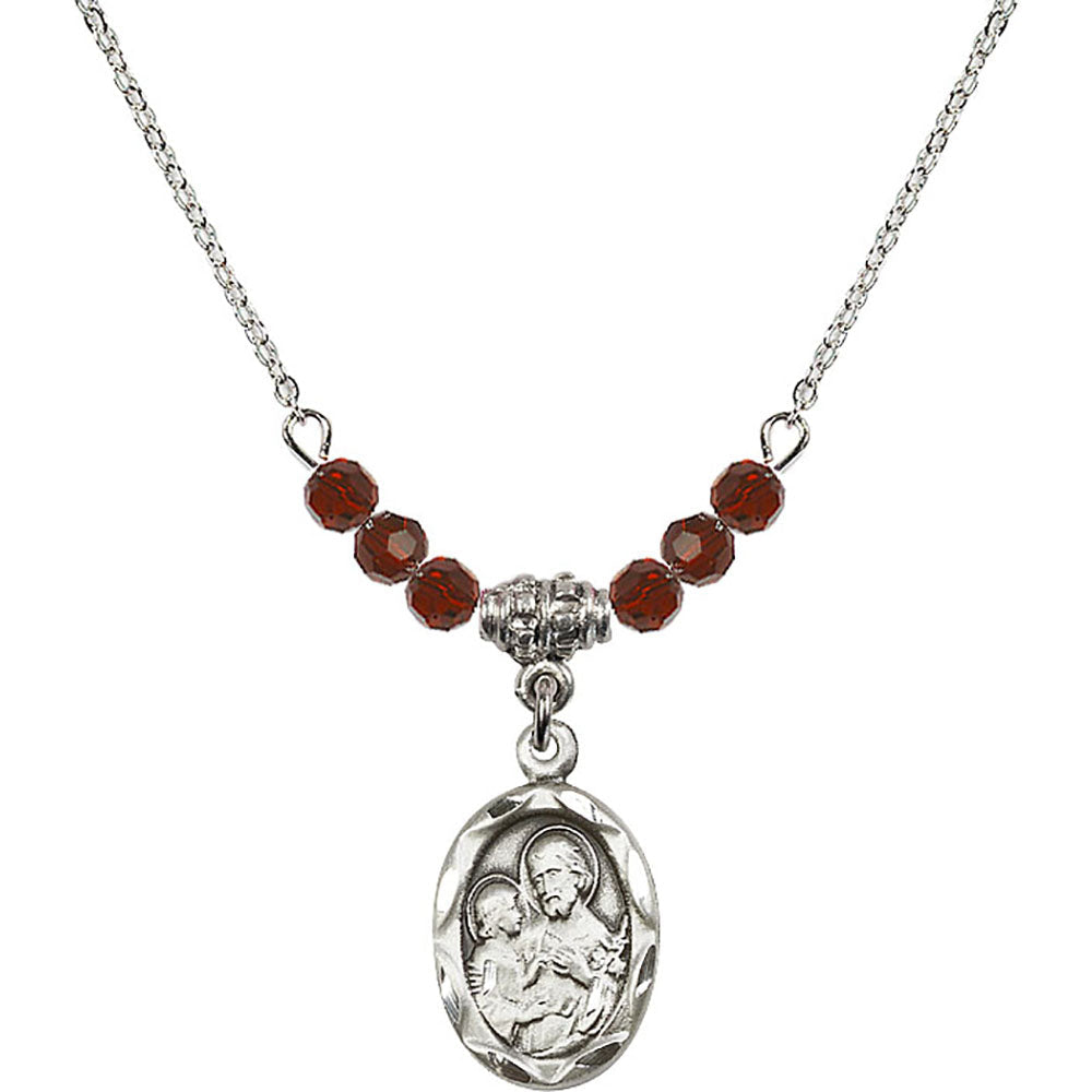 Sterling Silver Saint Joseph Birthstone Necklace with Garnet Beads - 0612