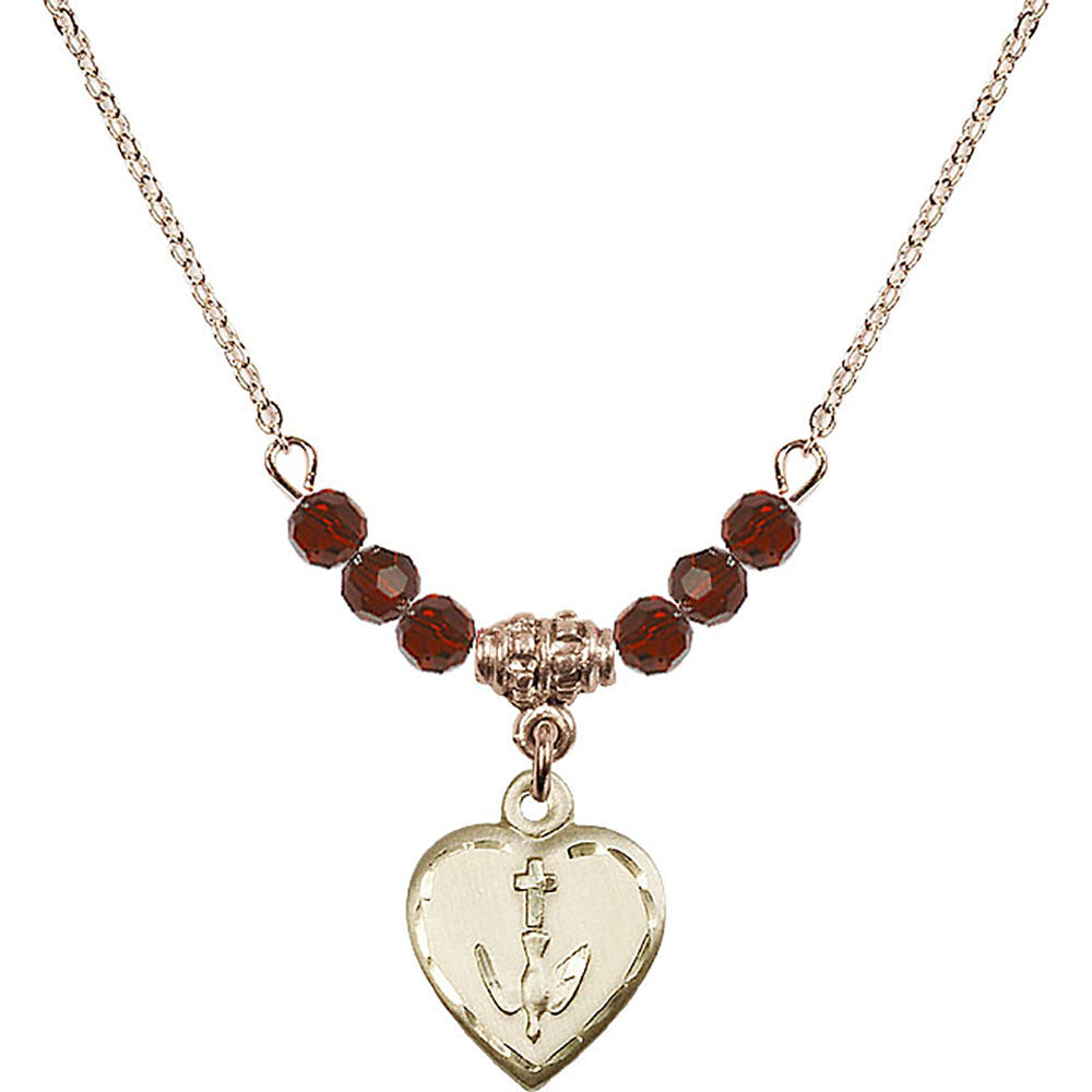 14kt Gold Filled Heart / Confirmation Birthstone Necklace with Garnet Beads - 0891