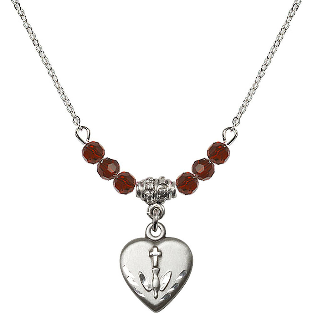 Sterling Silver Heart / Confirmation Birthstone Necklace with Garnet Beads - 0891