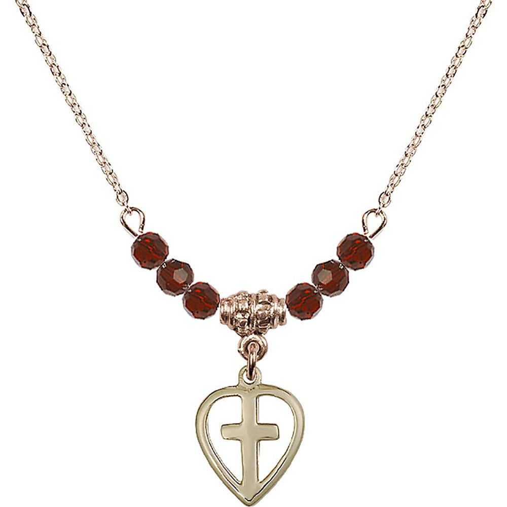14kt Gold Filled Heart / Cross Birthstone Necklace with Garnet Beads - 1709
