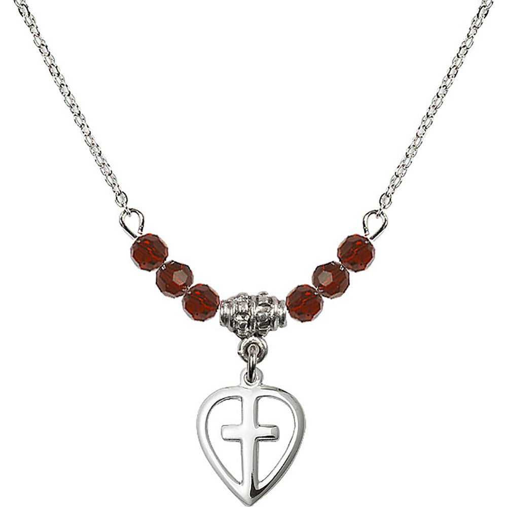 Sterling Silver Heart / Cross Birthstone Necklace with Garnet Beads - 1709