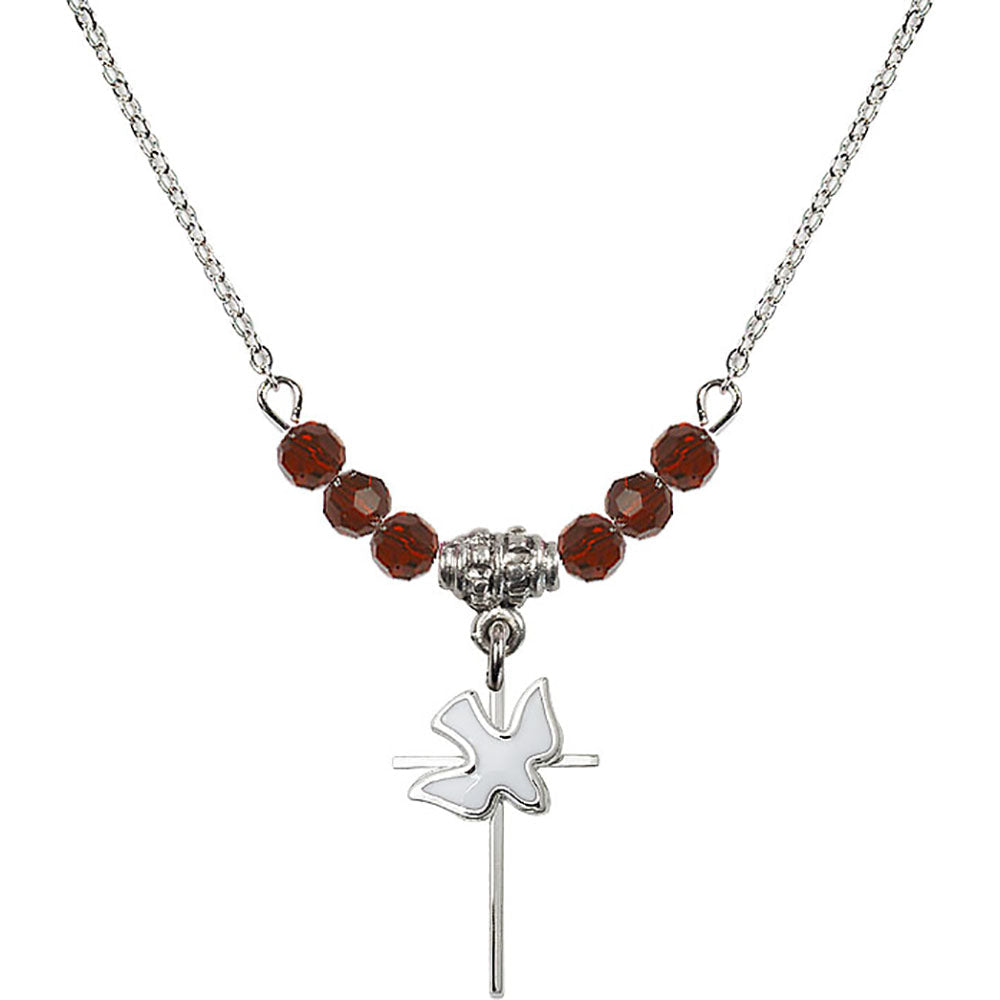 Sterling Silver Cross / Holy Spirit Birthstone Necklace with Garnet Beads - 1812