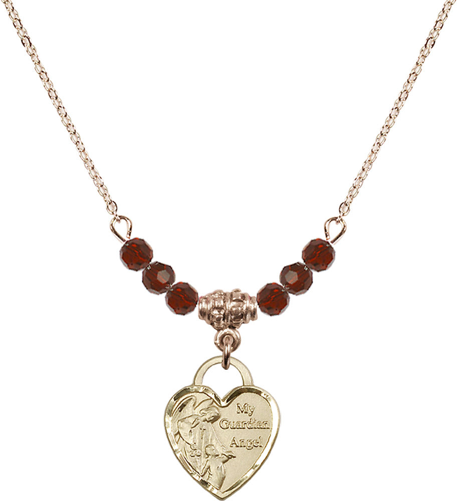 14kt Gold Filled Guardian Angel Heart Birthstone Necklace with Garnet Beads - 3402