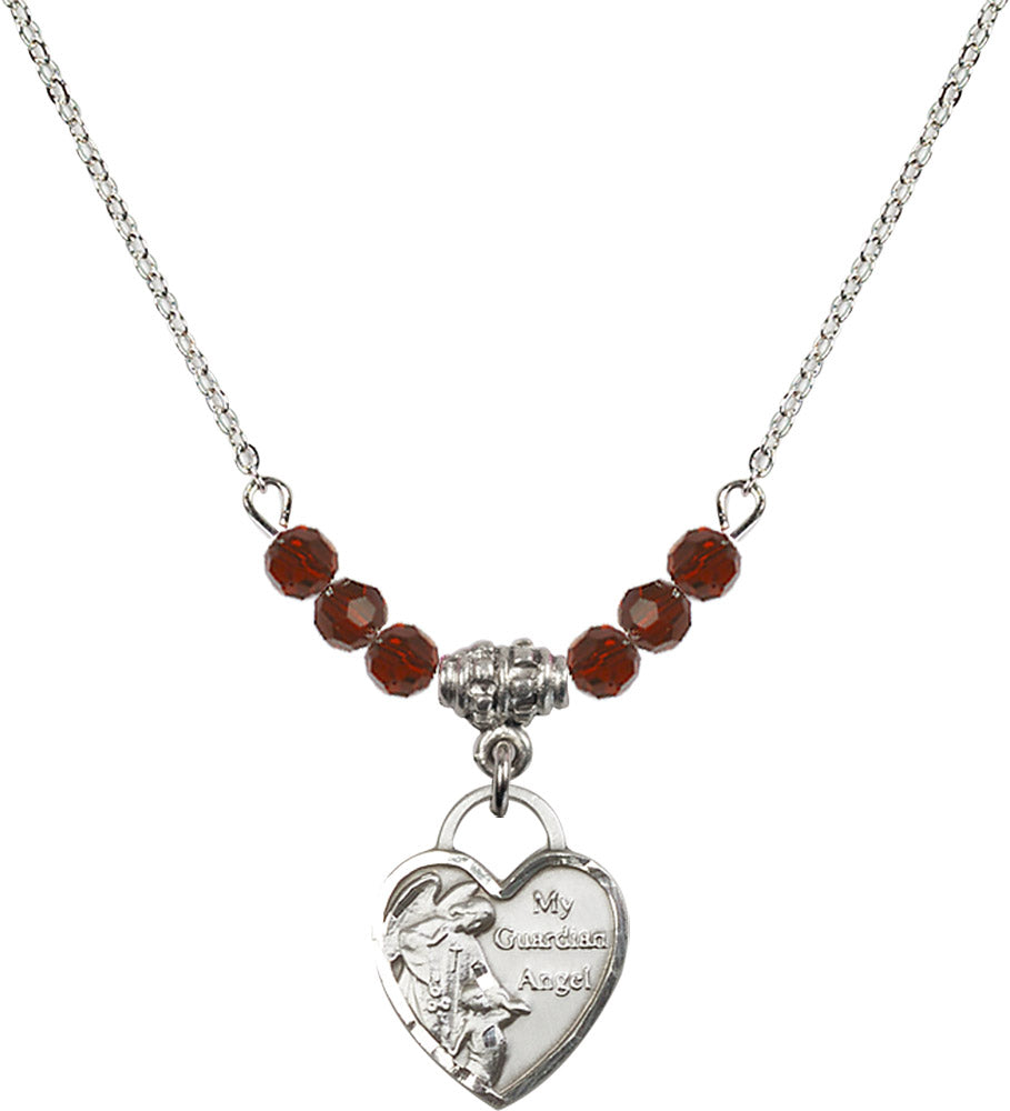Sterling Silver Guardian Angel Heart Birthstone Necklace with Garnet Beads - 3402