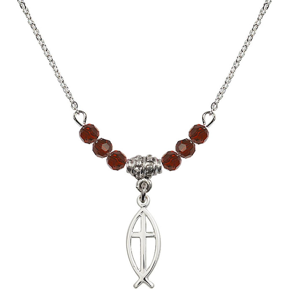 Sterling Silver Fish / Cross Birthstone Necklace with Garnet Beads - 4251