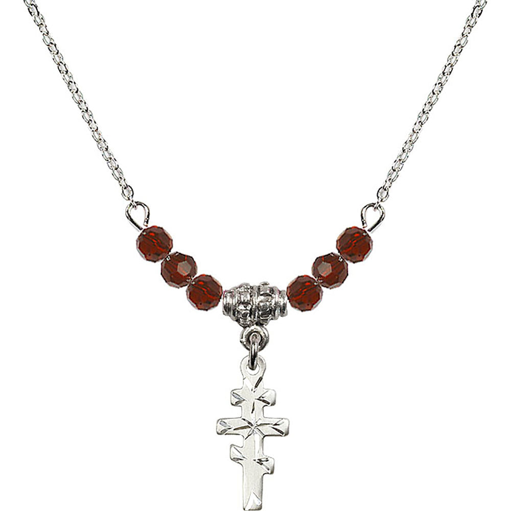 Sterling Silver Greek Orthadox Cross Birthstone Necklace with Garnet Beads - 5654