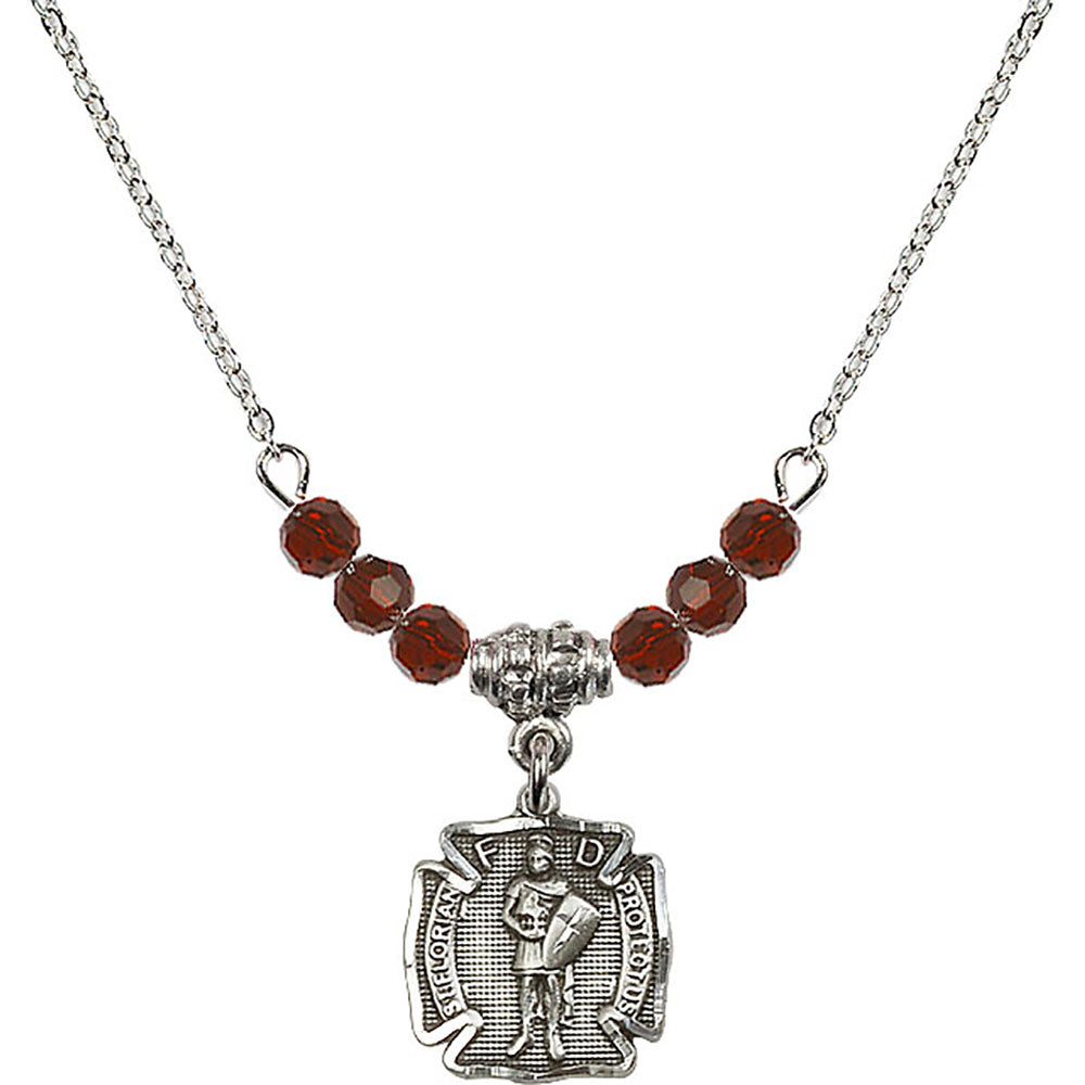 Sterling Silver Saint Florian Birthstone Necklace with Garnet Beads - 5686