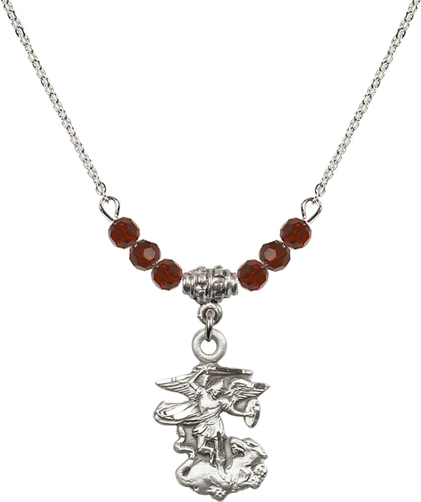 Sterling Silver Saint Michael the Archangel Birthstone Necklace with Garnet Beads - 5940
