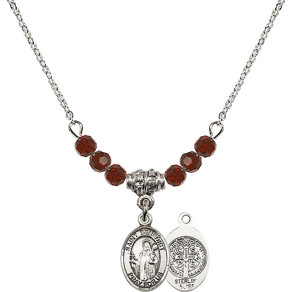 Sterling Silver Saint Benedict Birthstone Necklace with Garnet Beads - 9008