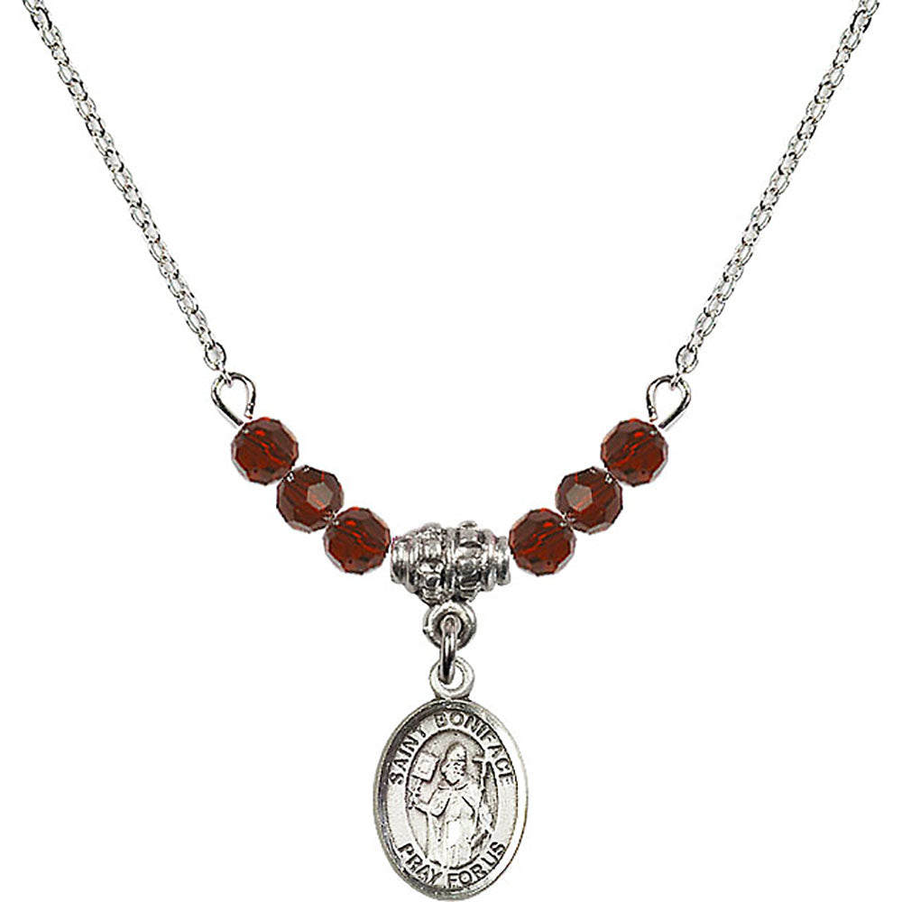 Sterling Silver Saint Boniface Birthstone Necklace with Garnet Beads - 9009