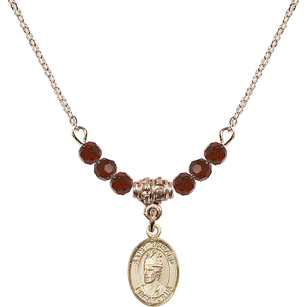 14kt Gold Filled Saint Edward the Confessor Birthstone Necklace with Garnet Beads - 9026