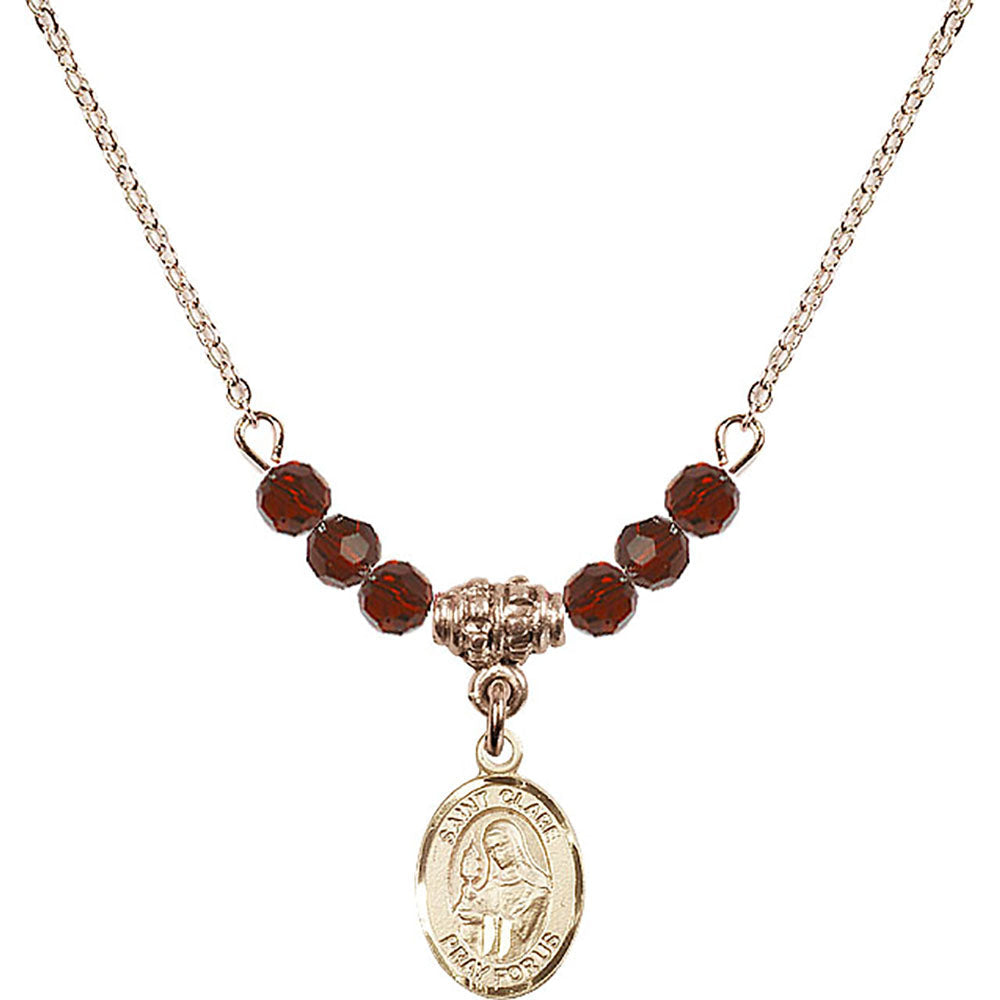 14kt Gold Filled Saint Clare of Assisi Birthstone Necklace with Garnet Beads - 9028