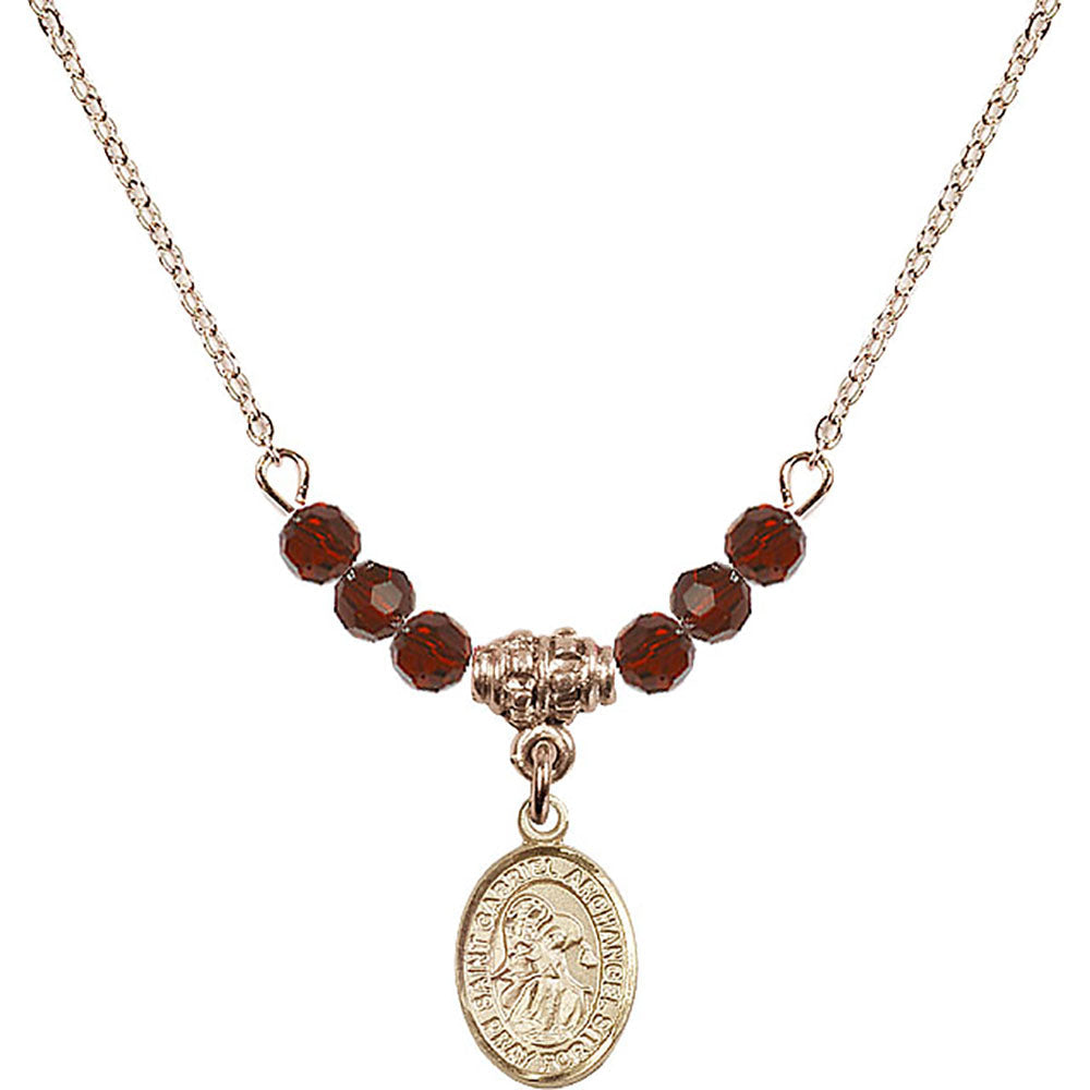 14kt Gold Filled Saint Gabriel the Archangel Birthstone Necklace with Garnet Beads - 9039