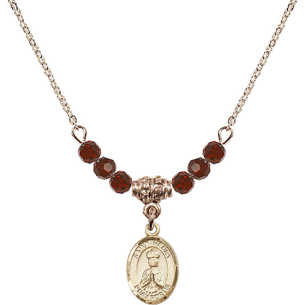 14kt Gold Filled Saint Henry II Birthstone Necklace with Garnet Beads - 9046