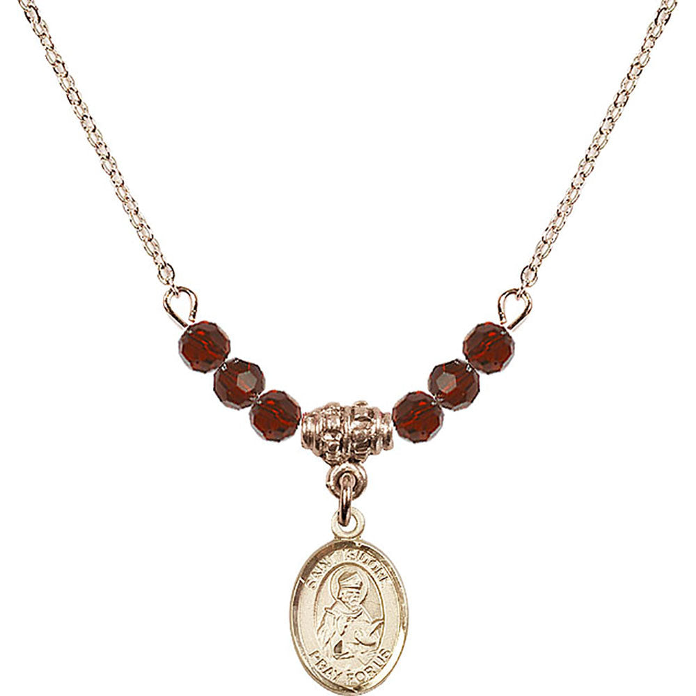 14kt Gold Filled Saint Isidore of Seville Birthstone Necklace with Garnet Beads - 9049