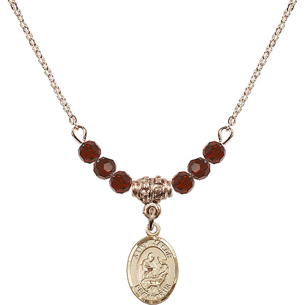 14kt Gold Filled Saint Jason Birthstone Necklace with Garnet Beads - 9051