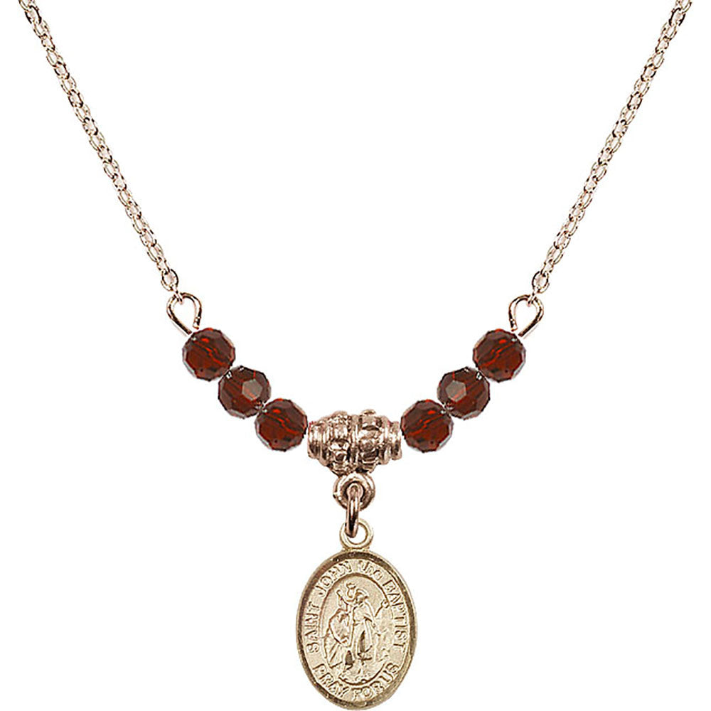 14kt Gold Filled Saint John the Baptist Birthstone Necklace with Garnet Beads - 9054