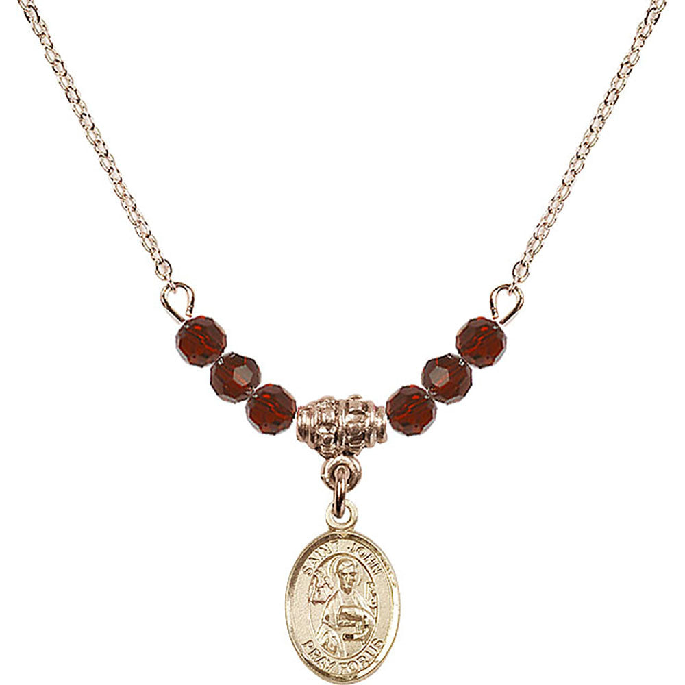 14kt Gold Filled Saint John the Apostle Birthstone Necklace with Garnet Beads - 9056
