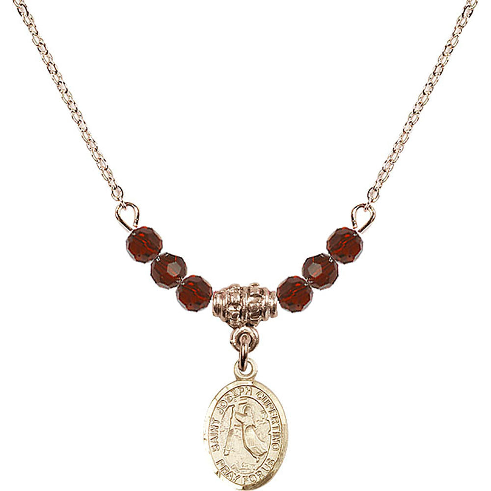 14kt Gold Filled Saint Joseph of Cupertino Birthstone Necklace with Garnet Beads - 9057