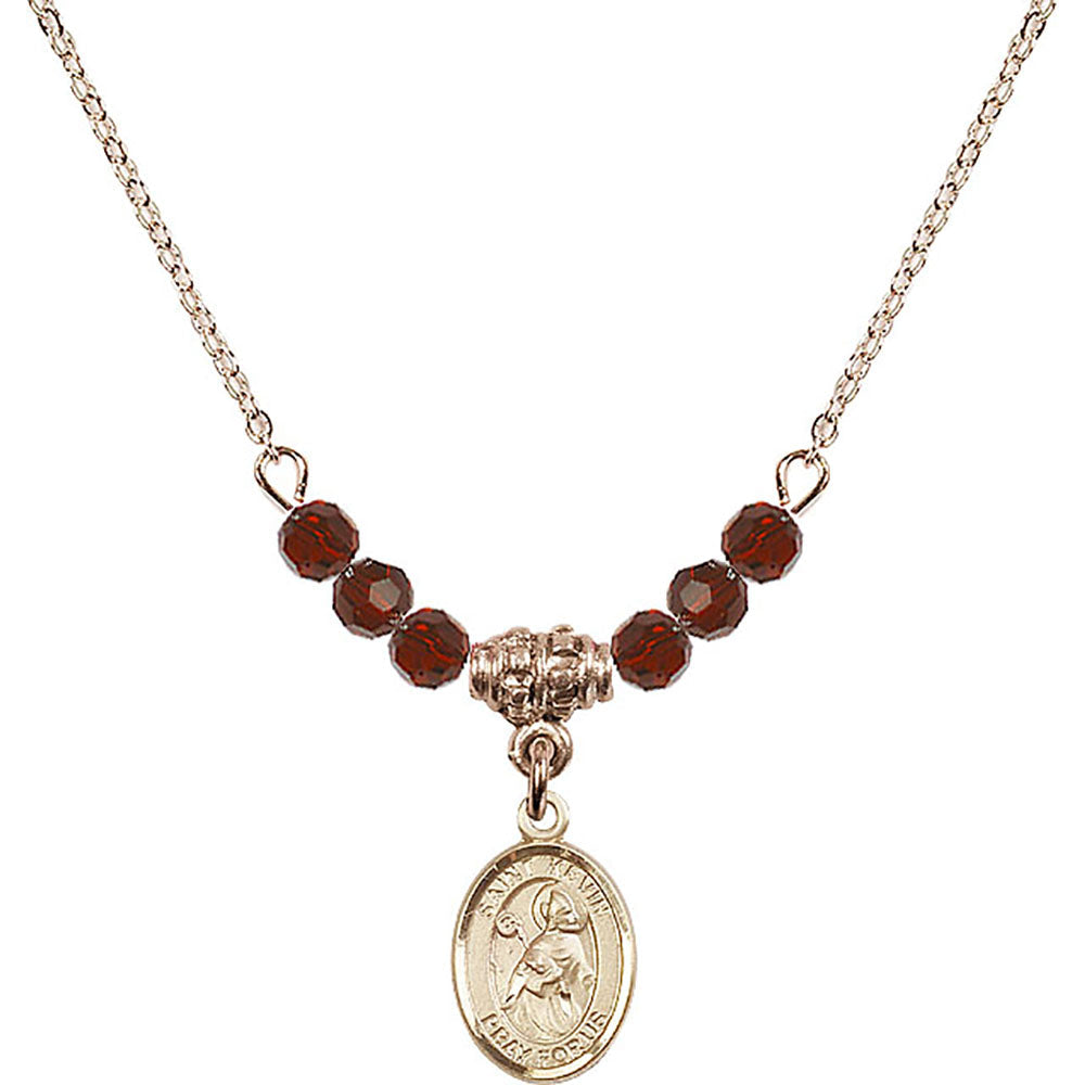 14kt Gold Filled Saint Kevin Birthstone Necklace with Garnet Beads - 9062