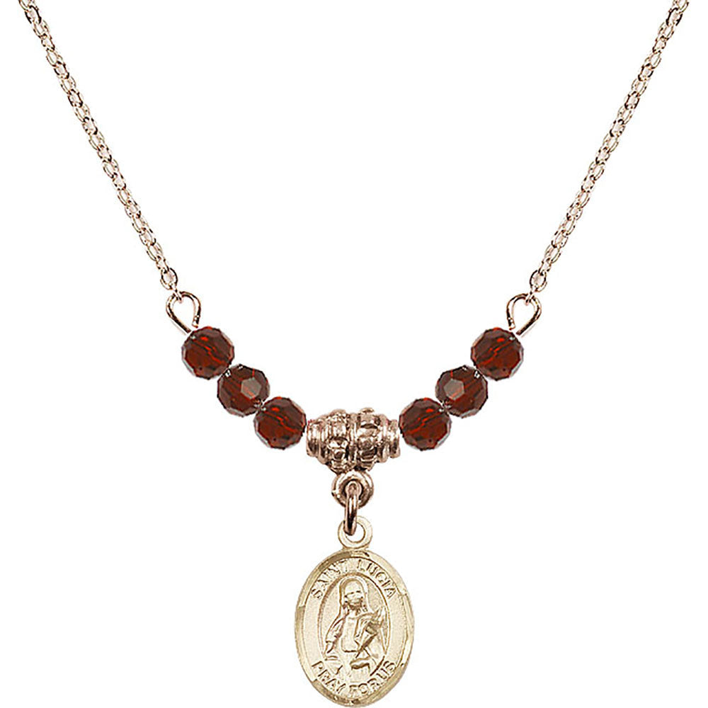 14kt Gold Filled Saint Lucia of Syracuse Birthstone Necklace with Garnet Beads - 9065