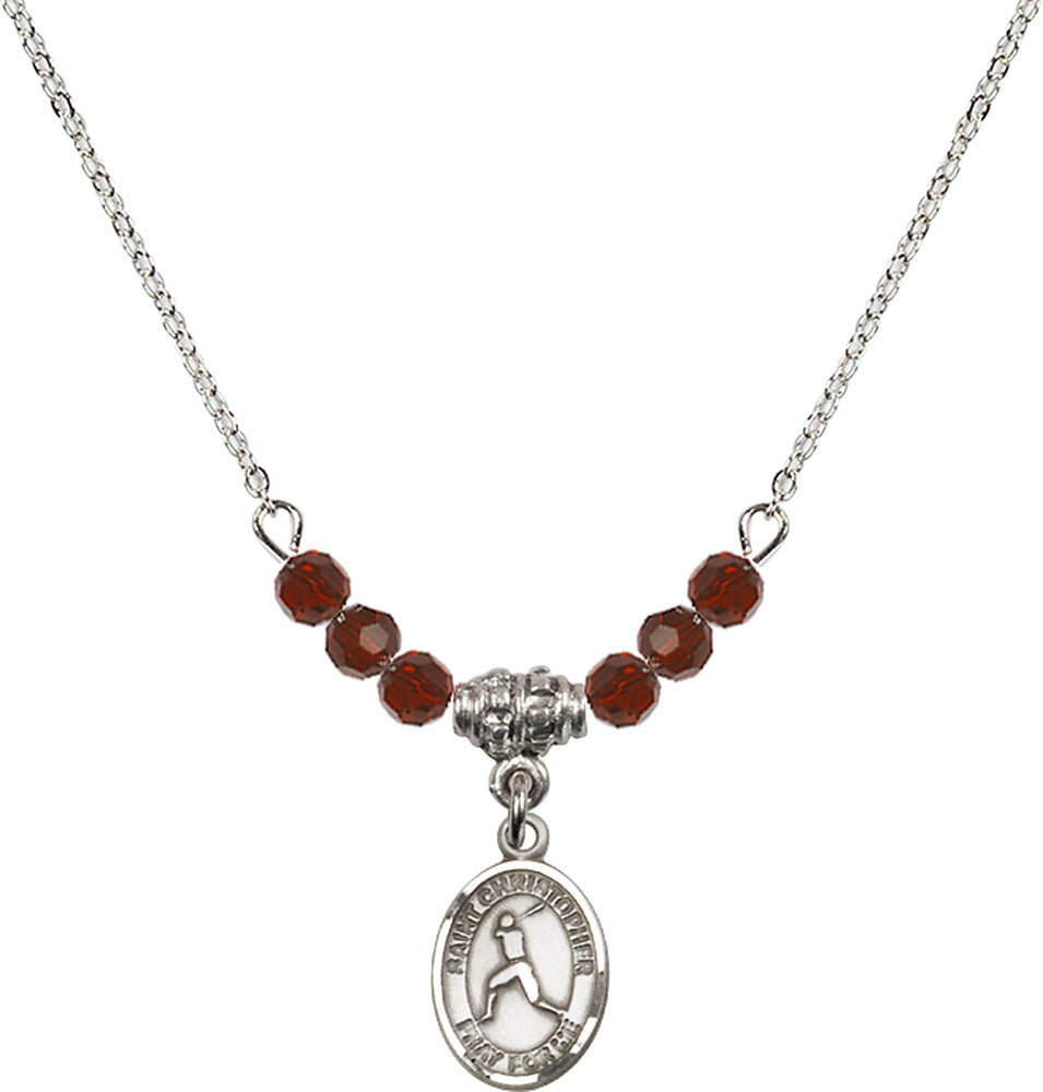 Sterling Silver Saint Christopher/Baseball Birthstone Necklace with Garnet Beads - 9150