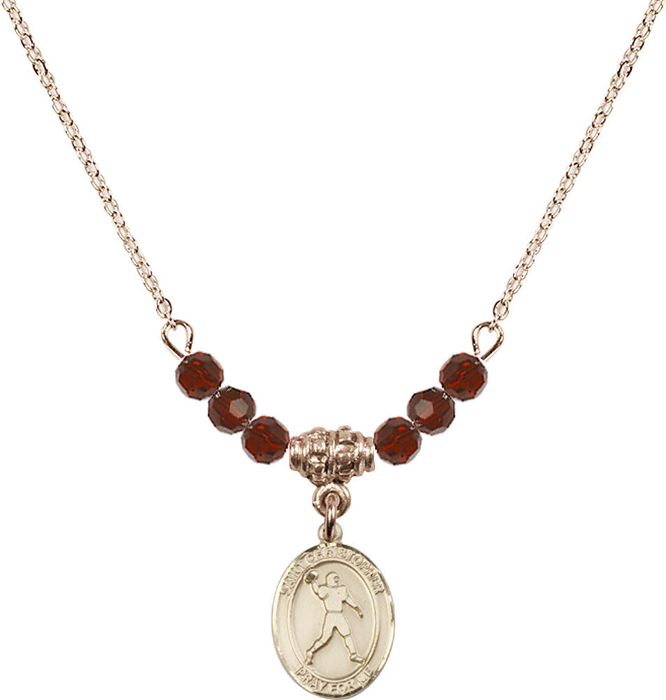14kt Gold Filled Saint Christopher/Football Birthstone Necklace with Garnet Beads - 9151