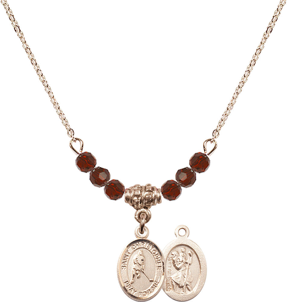 14kt Gold Filled Saint Christopher/Ice Hockey Birthstone Necklace with Garnet Beads - 9155
